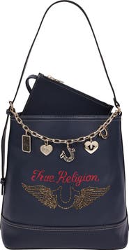 True Religion Chain Moto Faux Leather Bucket Bag & Pouch Set