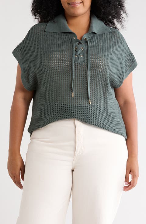 Tie Neck Short Sleeve Open Stitch Sweater