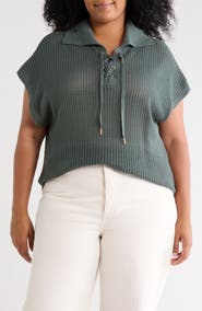 T Tahari Tie Neck Short Sleeve Open Stitch Sweater