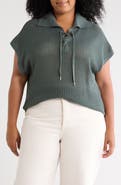 T Tahari Tie Neck Short Sleeve Open Stitch Sweater