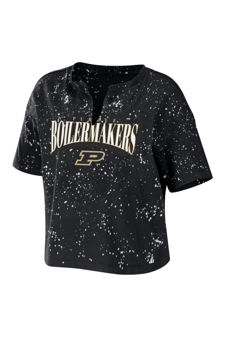 Women's WEAR by Erin Andrews Black Purdue Boilermakers Bleach Wash Splatter Cropped Notch Neck T-Shirt, Alternate, color, Black