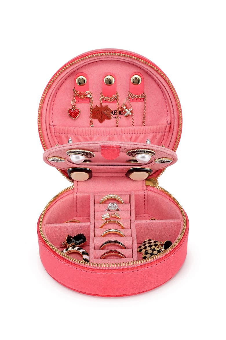 Round Genuine Leather Travel Jewelry Box, Alternate, color, Pink