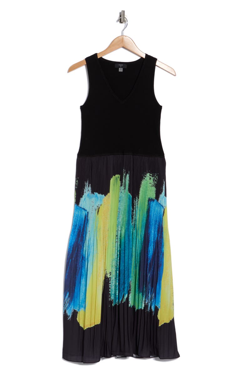 T Tahari V-Neck Sleeveless Mixed Media Dress, Main, color, Black Summer Brush