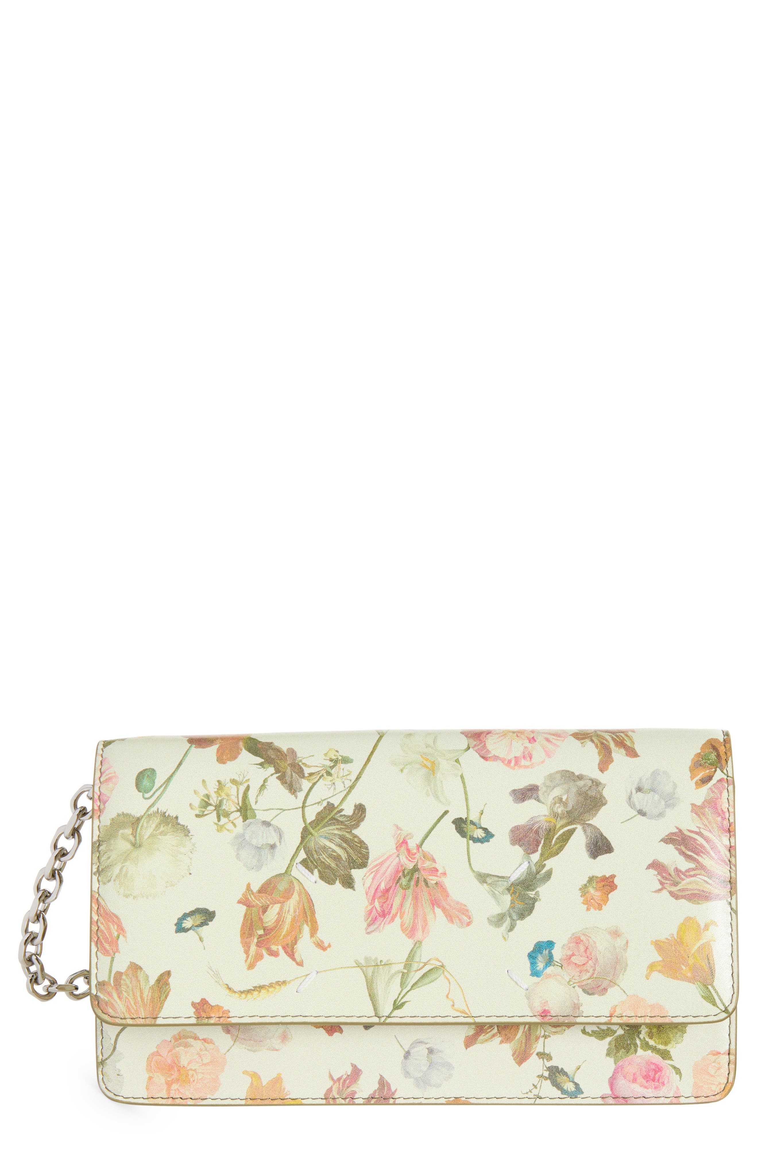 Medium Floral Leather Wallet on a Chain, Main, color, FLOWER WASHED OUT WHITE