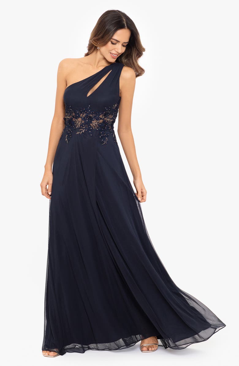 Betsy & Adam Bead Appliqué One-Shoulder Mesh Gown, Alternate, color, 