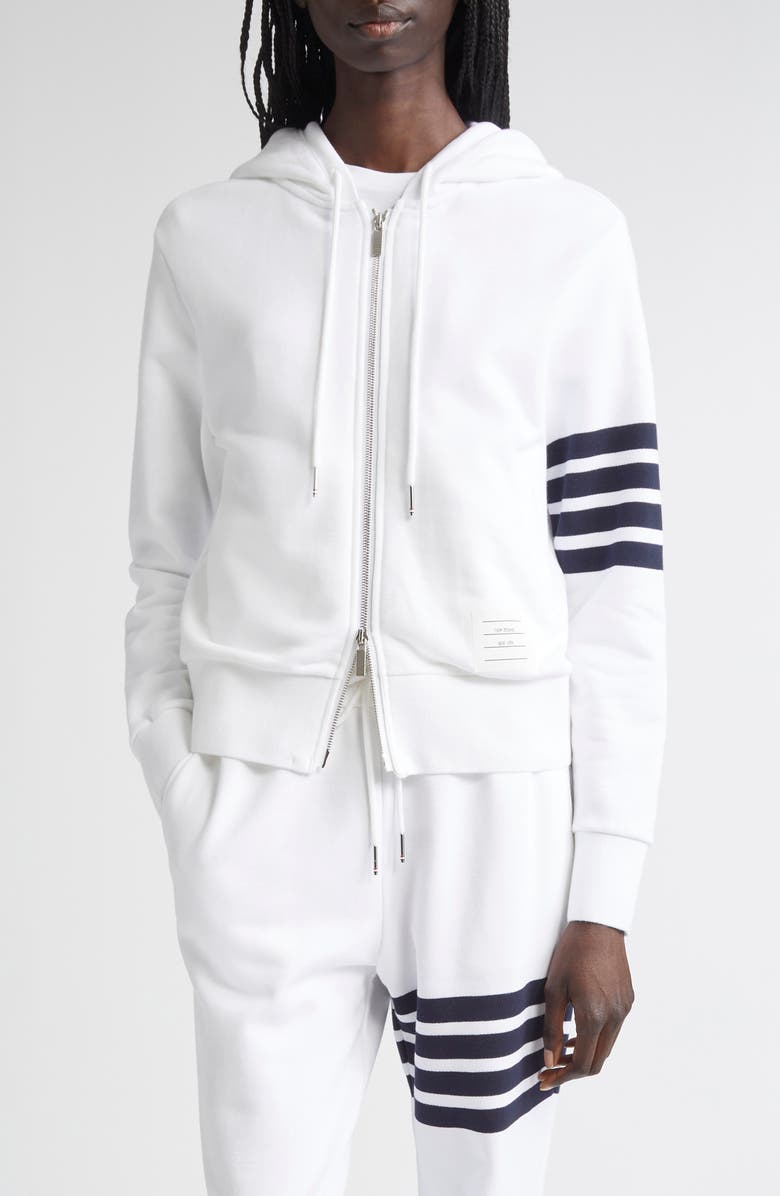 Thom Browne Classic 4-Bar Cotton French Terry Zip Hoodie, Main, color, White / Navy
