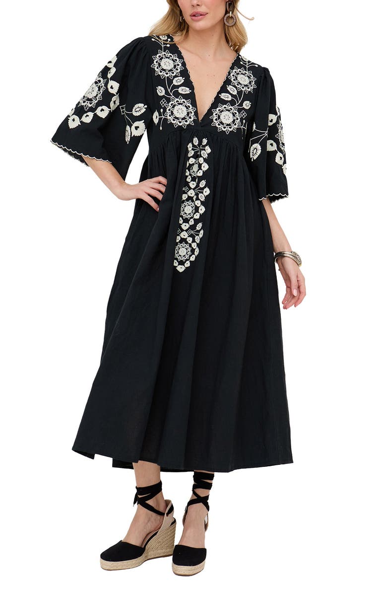 Raffya Arianna V- Neck Embroidered Maxi Dress, Main, color, Black