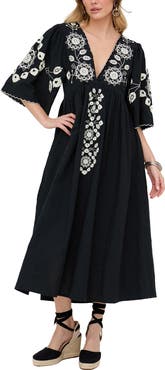 Raffya Arianna V- Neck Embroidered Maxi Dress
