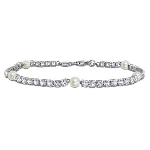 Pearl & Created White Sapphire Station Bracelet