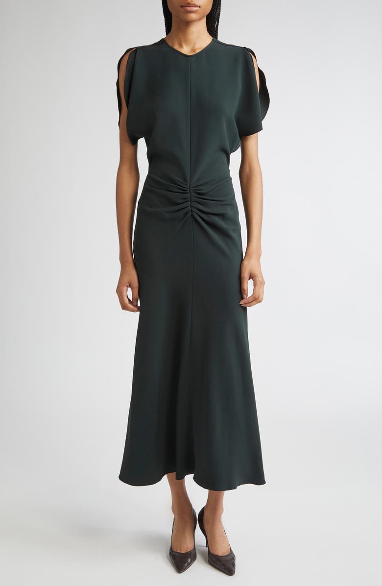 Victoria Beckham Gathered Waist Crepe Midi Dress, Main, color, Dark Pine