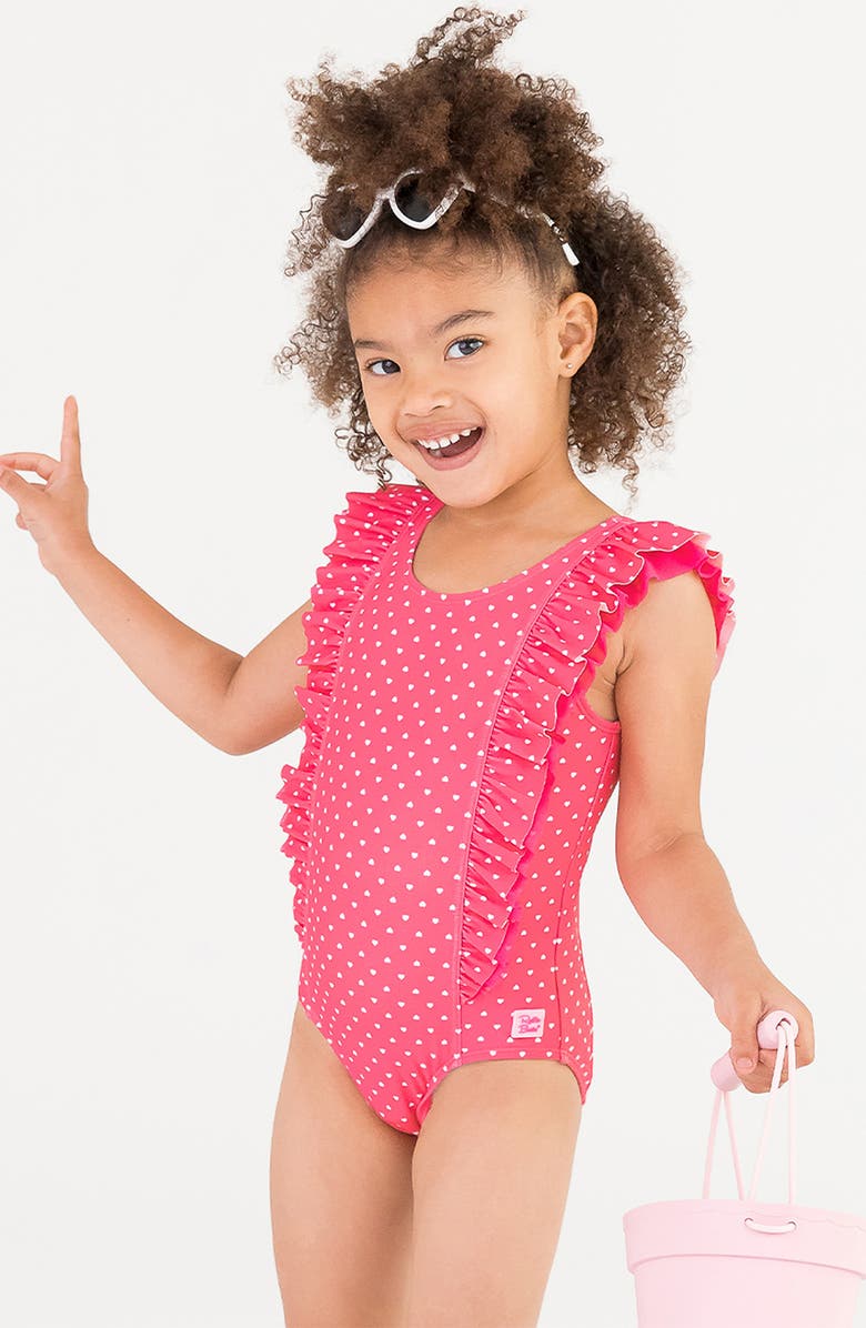 RuffleButts Kids' Hot Pink Heart Waterfall One-Piece Swimsuit, Alternate, color, 