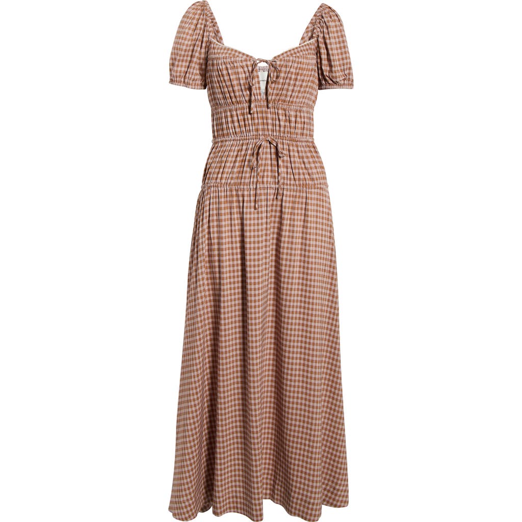 Reformation Rhett Checked Woven Midi Dress In Brown