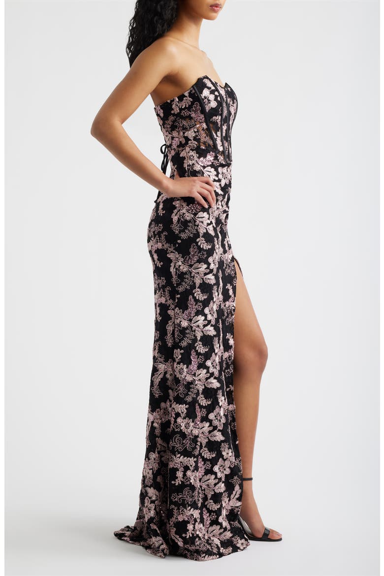 Embroidered Lace Corset Strapless Gown, Alternate, color, BLACK / PINK