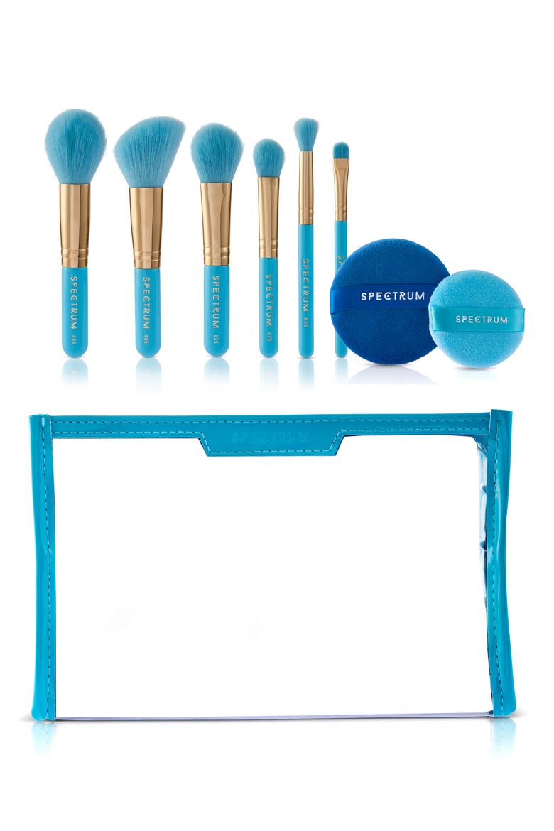 Evil Eye 8-Piece Travel Makeup Brush & Velvet Puff Set $50 Value, Main, color, BLUE/ TURQUOISE