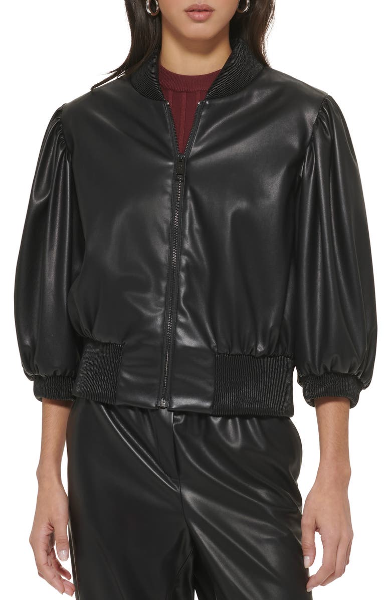 DKNY Crop Faux Leather Bomber Jacket, Main, color, 
