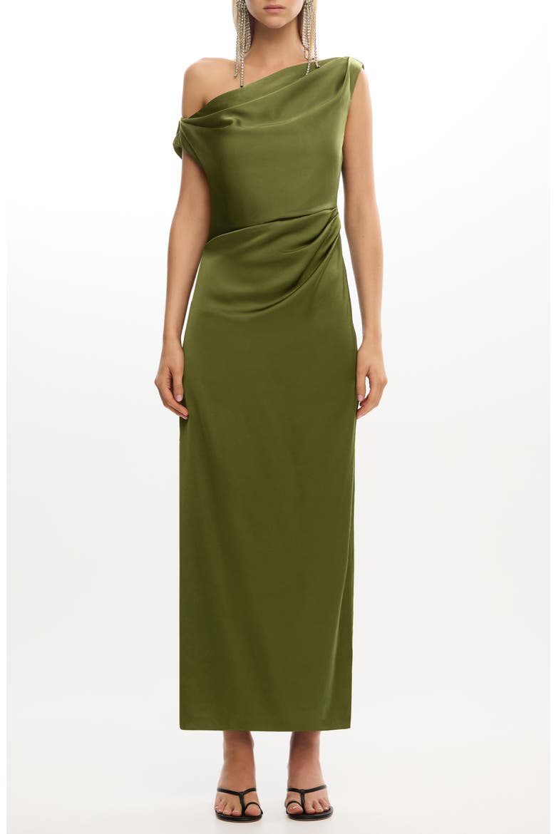Alyssa Pleated One-Shoulder Satin Gown, Main, color, FERN