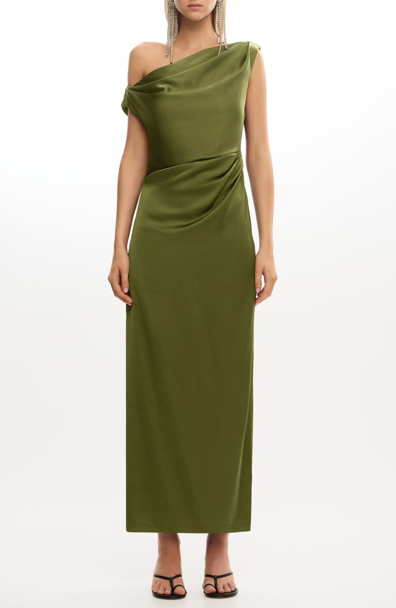 Significant Other Alyssa Pleated One-Shoulder Satin Gown, Main, color, Fern