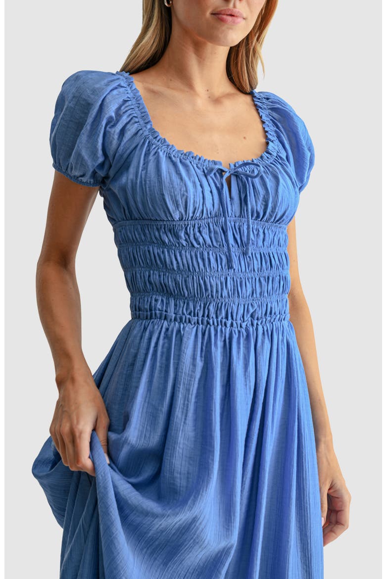 Puff Sleeve Shirred Midi Dress, Alternate, color, BLUE