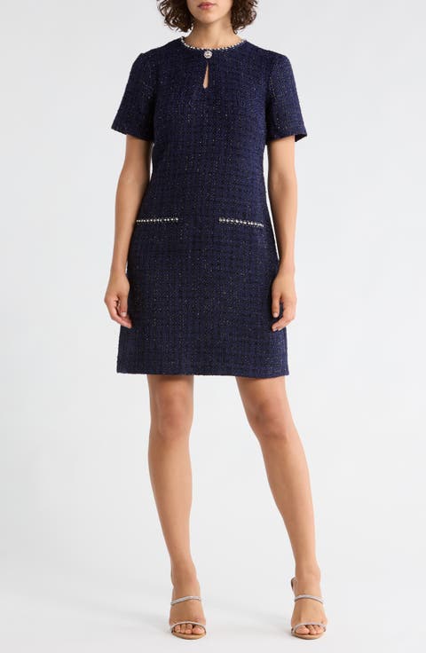 Jewel Neck Short Sleeve Tweed Shift Dress