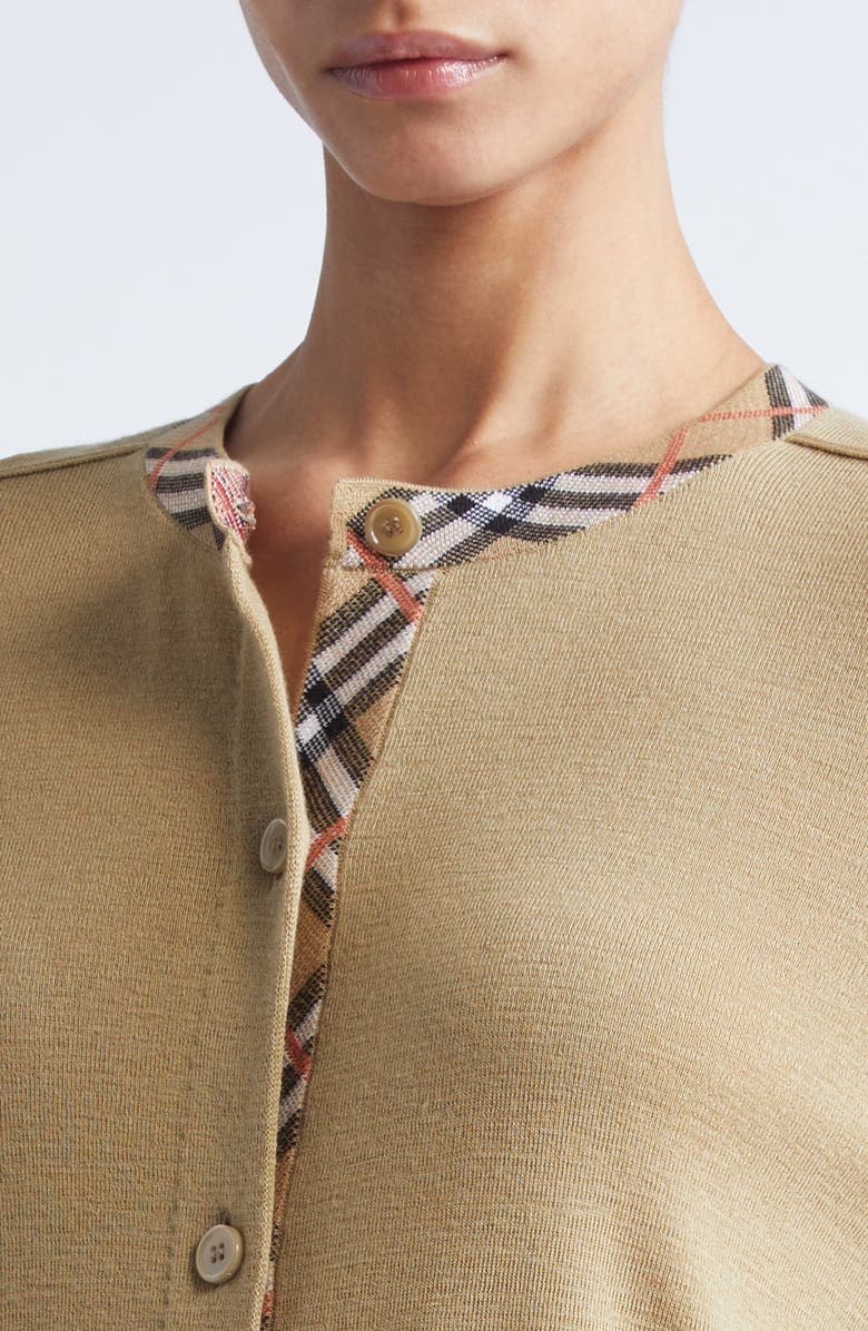 Burberry Check Trim Wool Cardigan, Alternate, color, Flax