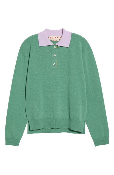 Contrast Collar Cashmere Polo Sweater