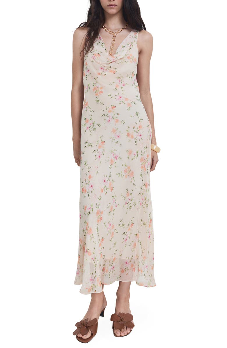 MANGO Floral Print Cowl Neck Dress, Main, color, Salmon