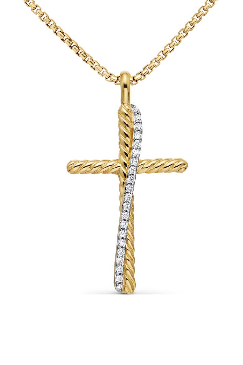 Crossover Cross Necklace in 18K Yellow Gold with Pavé Diamonds, Main, color, DIAMOND