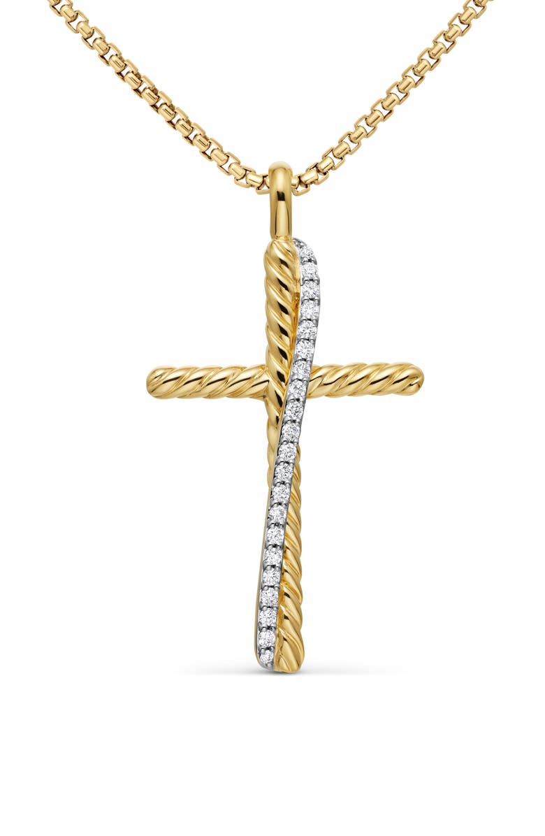 David Yurman Crossover Cross Necklace in 18K Yellow Gold with Pavé Diamonds, Main, color, 
