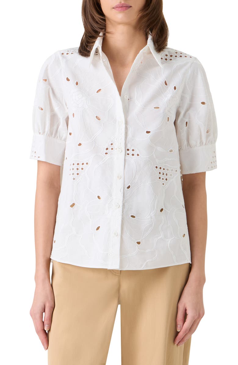 Akris punto Embroidered Cotton Eyelet Button-Up Shirt, Main, color, Cream