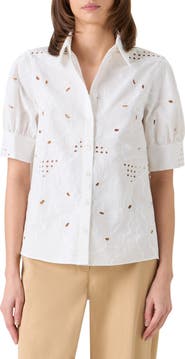 Akris punto Embroidered Cotton Eyelet Button-Up Shirt
