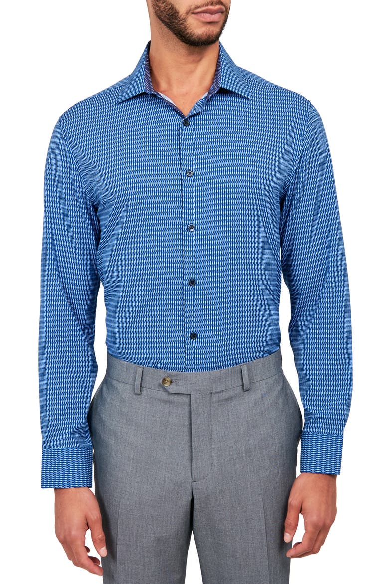 Line Geo Print Stretch Performance Dress Shirt, Main, color, NAVY