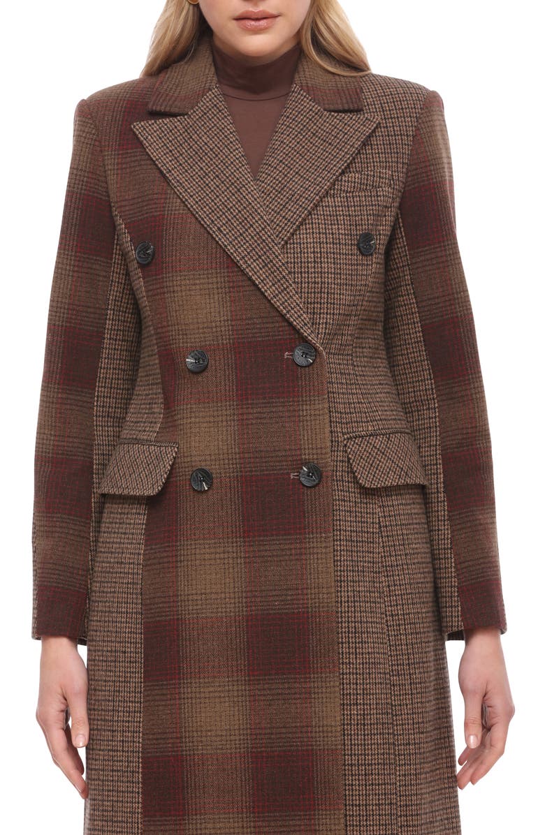 Avec Les Filles Colorblock Plaid Double Breasted Coat, Alternate, color, Brown-Red Plaid