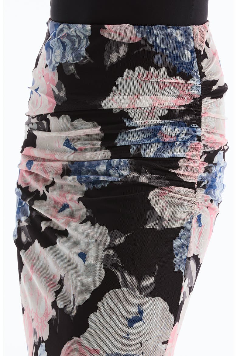 Floral Ruched Mesh Midi Skirt, Alternate, color, BLACK
