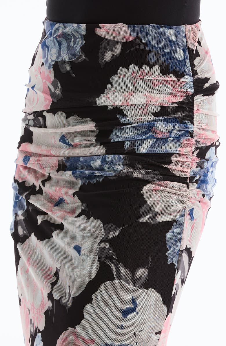 Laundry by Shelli Segal Floral Ruched Mesh Midi Skirt, Alternate, color, Black