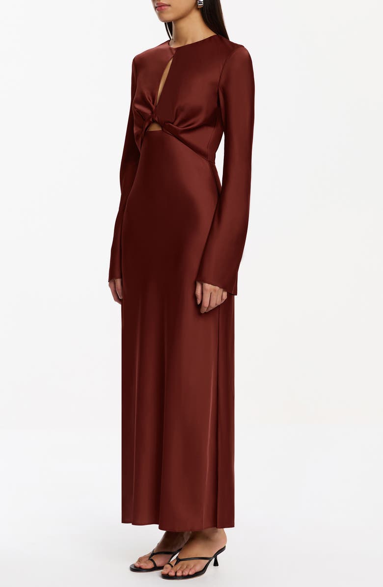 Significant Other Molly Cutout Twist Front Long Sleeve Satin Maxi Dress, Alternate, color, Carob