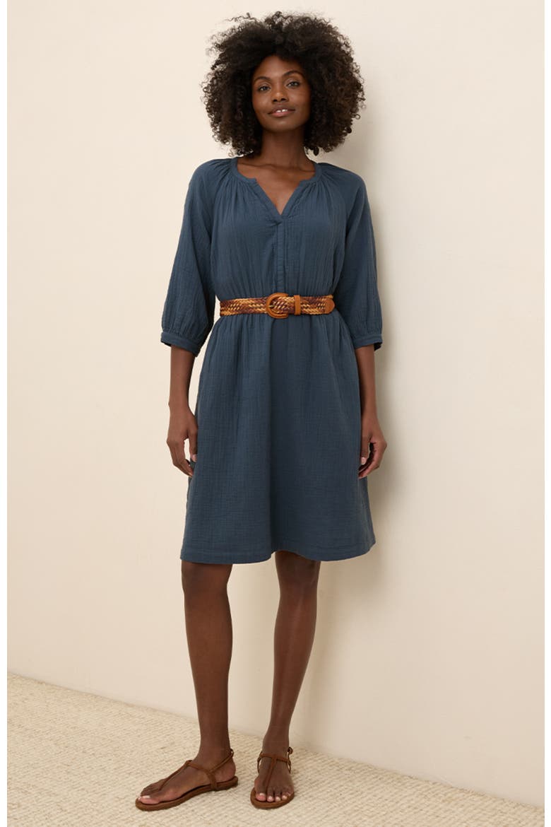 Organic Cotton Coastal Double Gauze Peasant Dress, Alternate, color, French Navy