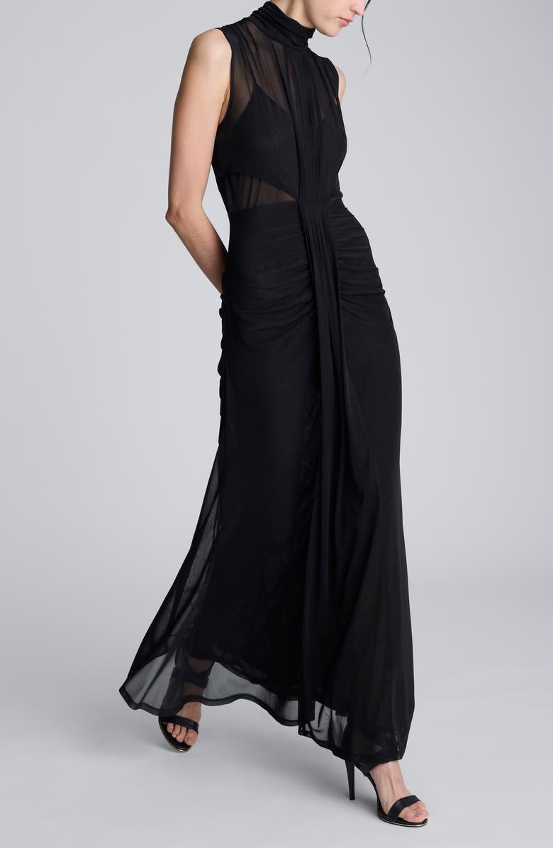 Kenneth Cole Pleated Illusion Neck Maxi Cocktail Dress, Alternate, color, Black