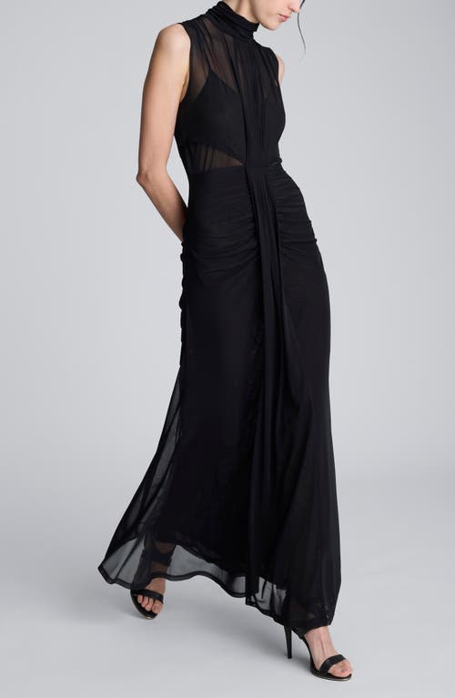 Kenneth Cole Pleated Illusion Neck Maxi Cocktail Dress In Black