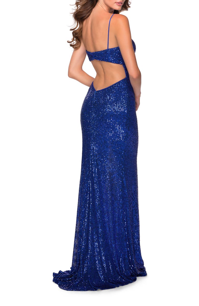 La Femme Sequin V-Neck Side Slit Gown, Alternate, color, 