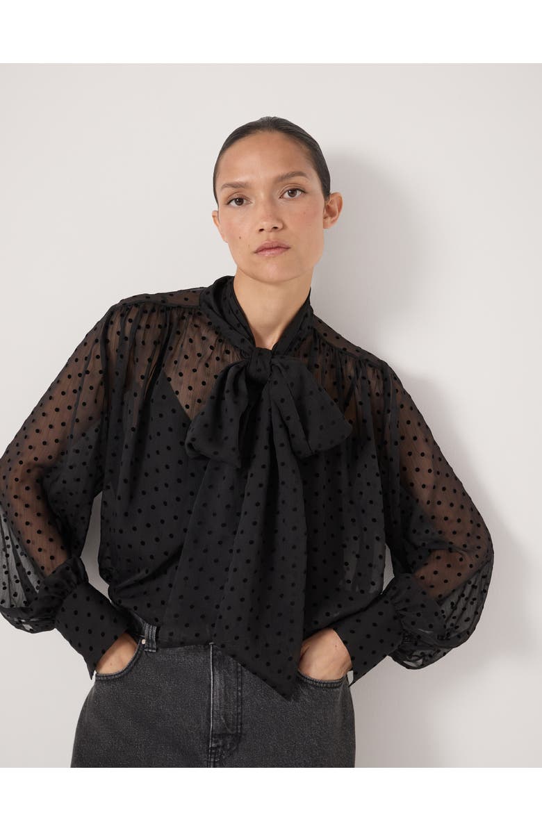 Hush Tie Neck Flocked Spot Blouse, Main, color, Black