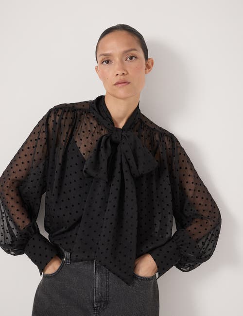 Hush Tie Neck Flocked Spot Blouse In Black