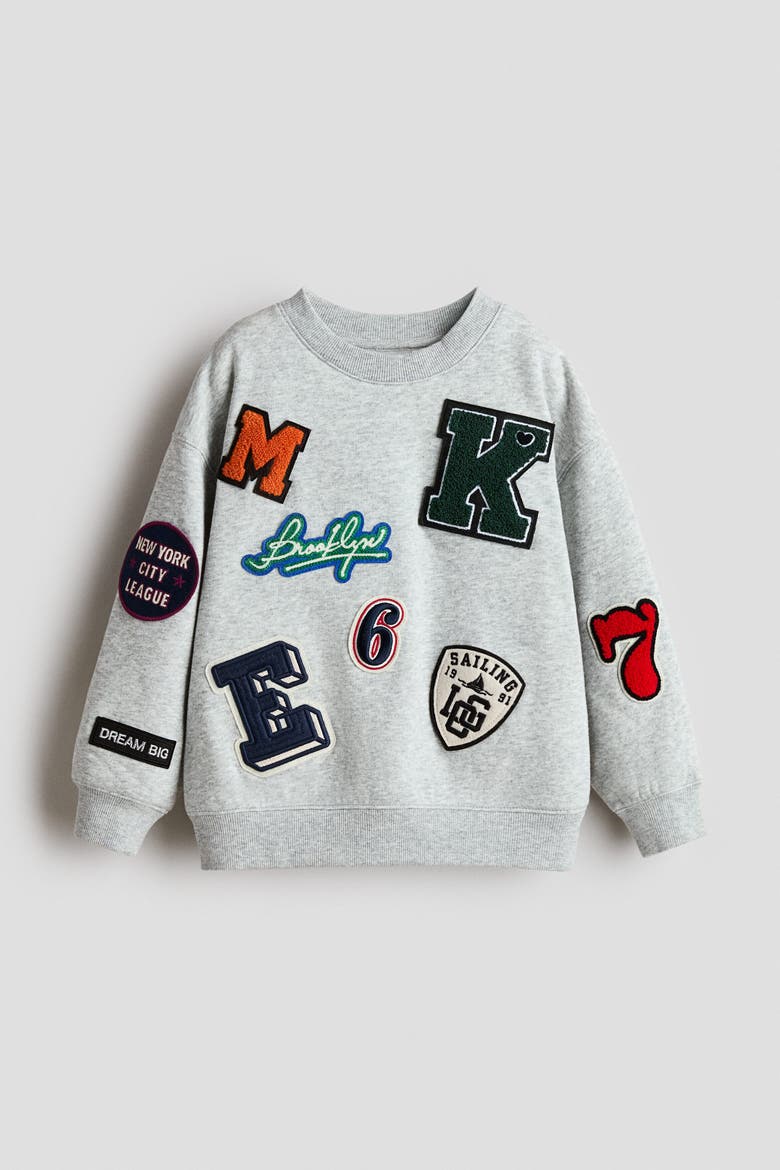 Appliquéd Brushed-inside Sweatshirt, Alternate, color, Light gray melange/Patches