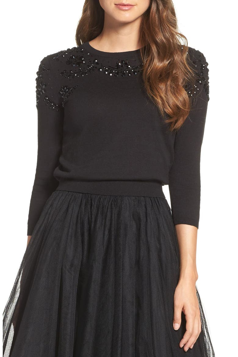 Millie Beaded Cotton Blend Sweater, Main, color, BLACK