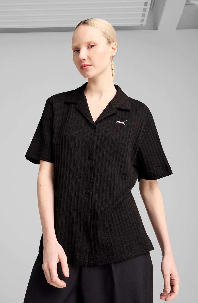 PUMA Wardrobe Essentials Stripe Camp Shirt, Alternate, color, Puma Black