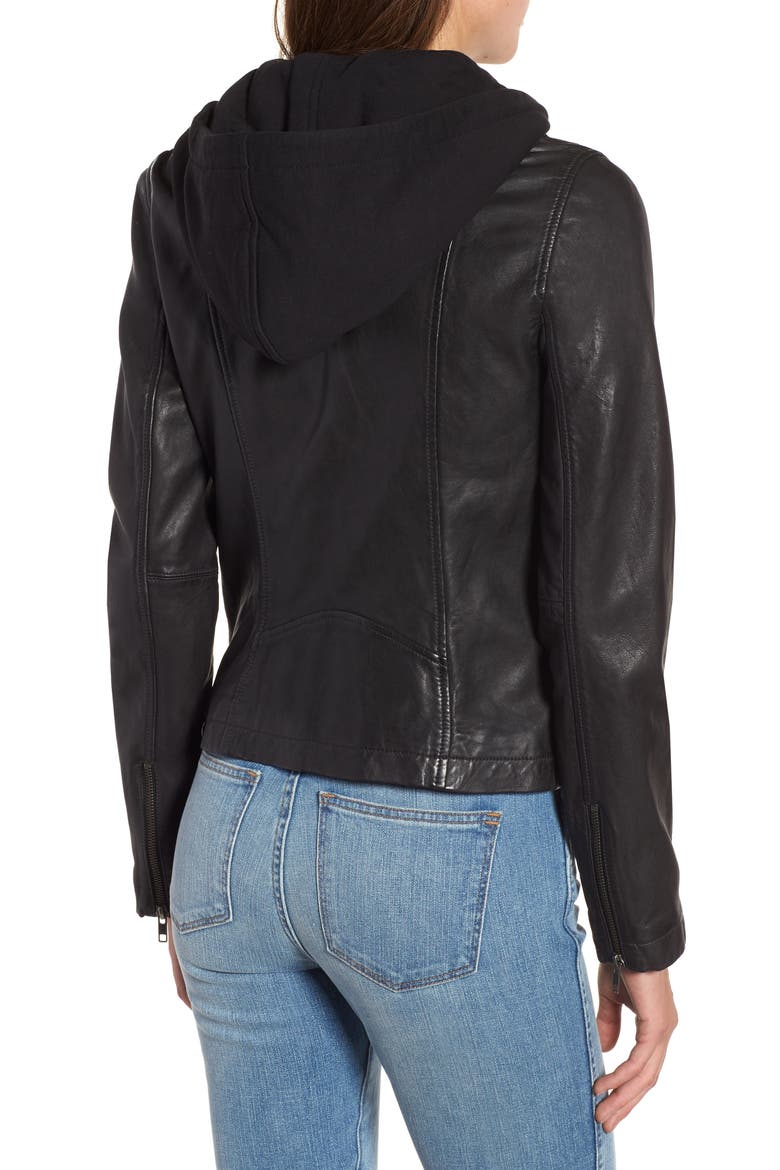 Leather Moto Jacket with Removable Hood, Alternate, color, BLACK