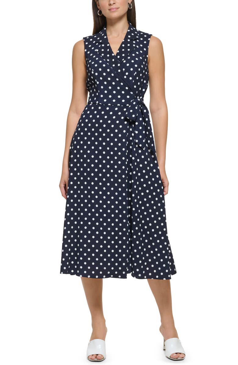 DKNY Polka Dot Sleeveless Wrap Midi Shirtdress, Main, color, 