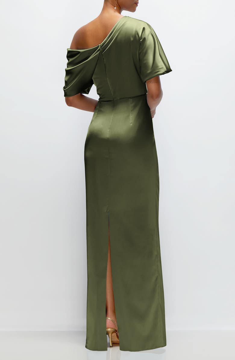 After Six Ruched One-Shoulder Satin Gown, Alternate, color, Olive Green