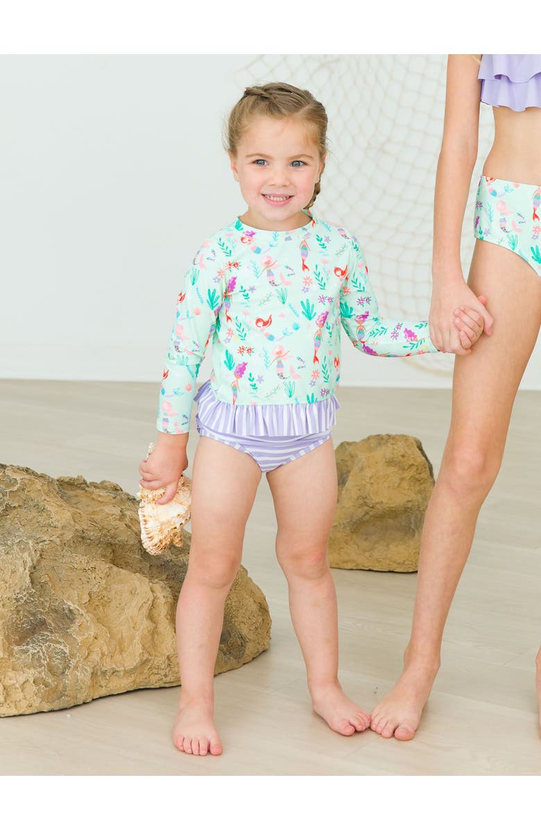RuffleButts Baby Girls UPF50+ Long Sleeve Rash Guard Bikini, Alternate, color, Mermaid Princess