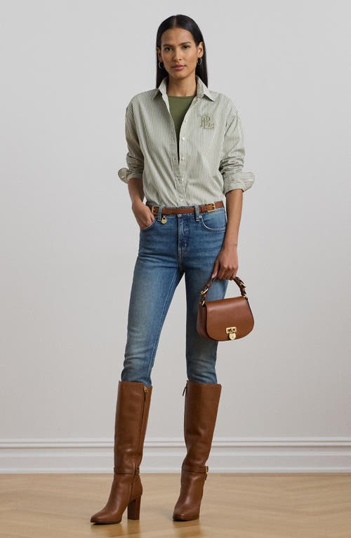 Shop Ralph Lauren Lauren Stripe Cotton Button-up Shirt In Sage Green/white