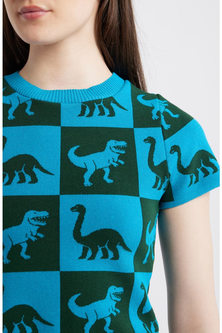 Dino Drama Sweater, Alternate, color, DARK GREEN AND BLUE CHECK